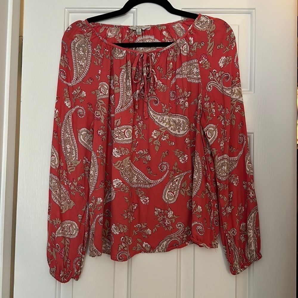 Lucky brand pink paisley double tie long sleeve blouse small